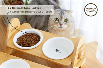 Kedi Köpek Mama Ve Su Kabı-Seramik İki Adet Kase Hediyeli-Gerçek Ahşap-Kayın Renk-BuShop Alfa Preminyum