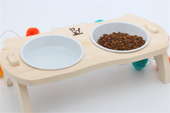 Kedi Köpek Mama Ve Su Kabı-Seramik İki Adet Kase Hediyeli-Gerçek Ahşap-Ham Boyasız-BuShop Mızmız Preminyum 