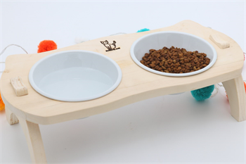 Kedi Köpek Mama Ve Su Kabı-Kırılmaz Melamin İki Adet Kase Hediyeli-Gerçek Ahşap-Ham Boyasız-BuShop Mızmız