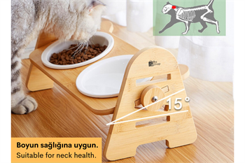 Kedi Köpek Mama Ve Su Kabı-Seramik İki Adet Kase Hediyeli-Gerçek Ahşap-Kayın Renk-BuShop Alfa Preminyum