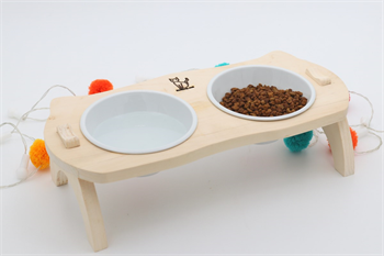 Kedi Köpek Mama Ve Su Kabı-Kırılmaz Melamin İki Adet Kase Hediyeli-Gerçek Ahşap-Ham Boyasız-BuShop Mızmız