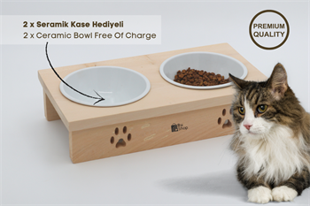 Kedi Köpek Mama Ve Su Kabı-Seramik İki Adet Kase Hediyeli-Gerçek Ahşap-BuShop Yumak Preminyum
