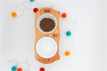 Kedi Köpek Mama Ve Su Kabı-Seramik İki Adet Kase Hediyeli-Gerçek Ahşap-Armut Kiraz-BuShop Mızmız Preminyum 