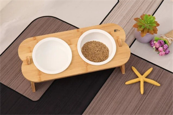 Kedi Köpek Mama Ve Su Kabı-Kırılmaz Melamin İki Adet Kase Hediyeli-Gerçek Ahşap-Kayın Renk-BuShop Shell 