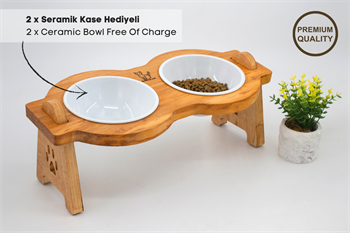 Kedi Köpek Mama Ve Su Kabı-Seramik İki Adet Kase Hediyeli-Gerçek Ahşap-Armut Kiraz-BuShop Mişa Preminyum 