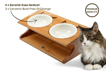 Kedi Köpek Mama Ve Su Kabı-Seramik İki Adet Kase Hediyeli-Kontrplak Ahşap-BuShop Katya Preminyum 