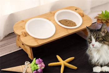 Kedi Köpek Mama Ve Su Kabı-Kırılmaz Melamin İki Adet Kase Hediyeli-Gerçek Ahşap-Kayın Renk-BuShop Shell 