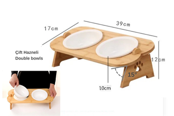 Kedi Köpek Mama Ve Su Kabı-Kırılmaz Melamin İki Adet Kase Hediyeli-Gerçek Ahşap-Kayın Renk-BuShop Shell 