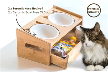 Kedi Köpek Mama Ve Su Kabı-Seramik İki Adet Kase Hediyeli-Gerçek Ahşap-Armut Kiraz-Çekmeceli-BuShop Merlin Preminyum