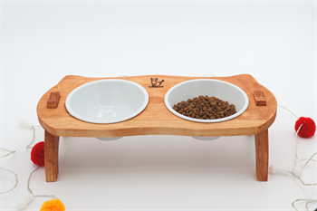 Kedi Köpek Mama Ve Su Kabı-Seramik İki Adet Kase Hediyeli-Gerçek Ahşap-Armut Kiraz-BuShop Mızmız Preminyum 
