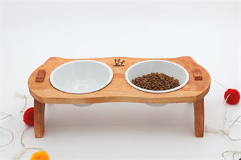 Kedi Köpek Mama Ve Su Kabı-Kırılmaz Melamin İki Adet Kase Hediyeli-Gerçek Ahşap-Armut Kiraz-BuShop Mızmız