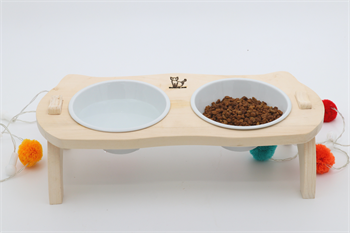 Kedi Köpek Mama Ve Su Kabı-Seramik İki Adet Kase Hediyeli-Gerçek Ahşap-Ham Boyasız-BuShop Mızmız Preminyum 