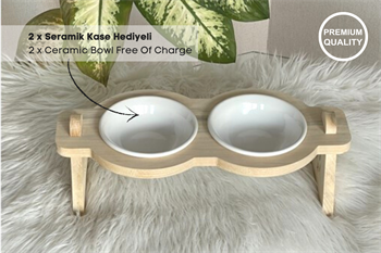 Kedi Köpek Mama Ve Su Kabı-Seramik İki Adet Kase Hediyeli-Gerçek Ahşap-Ham Boyasız-BuShop Mişa Preminyum 