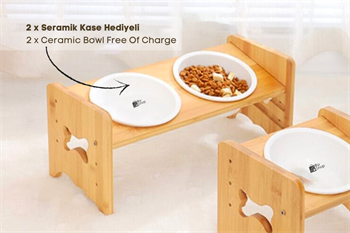 Kedi Köpek Mama Ve Su Kabı-Seramik İki Adet Kase Hediyeli-Gerçek Ahşap-Kayın Renk-BuShop Kemik Preminyum