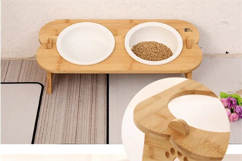 Kedi Köpek Mama Ve Su Kabı-Kırılmaz Melamin İki Adet Kase Hediyeli-Gerçek Ahşap-Kayın Renk-BuShop Shell 