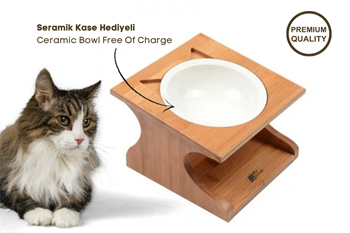 Kedi Köpek Mama Ve Su Kabı-Seramik Tek Kase Hediyeli-Kontrplak Ahşap-BuShop Katya Preminyum 