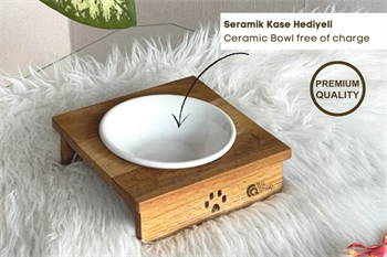 Kedi Köpek Mama Ve Su Kabı-Seramik Tekli Kase Hediyeli-Gerçek Ahşap-BuShop Yumak Preminyum