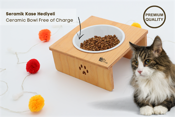 Kedi Köpek Mama Ve Su Kabı-Seramik Tekli Kase Hediyeli-Kontraplak Ahşap-BuShop Yumak Preminyum 