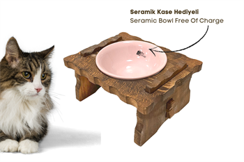 Kedi Köpek Mama Ve Su Kabı-Seramik Tek Adet Pembe Kase Hediyeli-Gerçek Ahşap-Kayın Renk-BuShop Enrico Preminyum