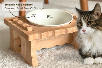 Kedi Köpek Mama Ve Su Kabı-Seramik Tek Adet Beyaz Kase Hediyeli-Gerçek Ahşap-Kayın Renk-BuShop Enrico Preminyum