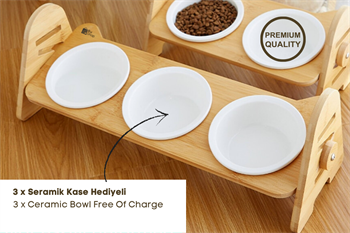 Kedi Köpek Mama Ve Su Kabı-Seramik Üç Adet Kase Hediyeli-Gerçek Ahşap-Kayın Renk-BuShop Alfa  