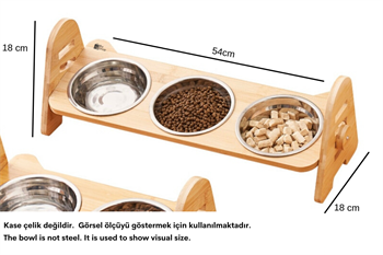 Kedi Köpek Mama Ve Su Kabı-Seramik Üç Adet Kase Hediyeli-Gerçek Ahşap-Kayın Renk-BuShop Alfa  