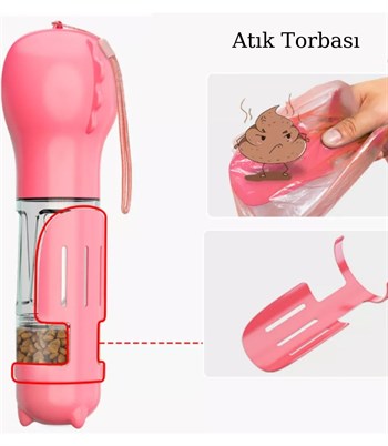 Kedi Köpek Için Taşınabilir Çift Hazneli Mama Ve Suluk Atık Torba Hediyeli-pet Seyahat Seti Pembe