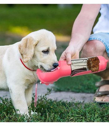 Kedi Köpek Için Taşınabilir Çift Hazneli Mama Ve Suluk Atık Torba Hediyeli-pet Seyahat Seti Pembe