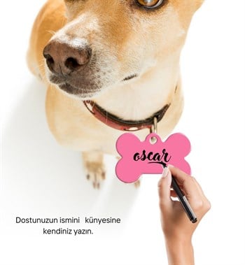 Kedi Köpek Tasma Ucu ve Künyesi Özel Tasarım Kemikli Pembe Bushop Modeli 