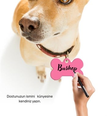 Kedi Köpek Tasma Ucu ve Künyesi Özel Tasarım Kemikli Pembe Bushop Modeli 