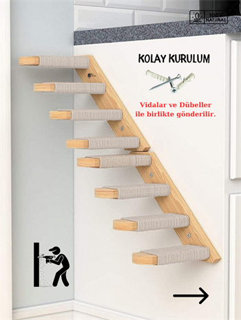 Kedi merdiveni, Kedi tırmanma merdiveni, Doğal Ahşap İkili Merdiven Seti, Sağ Model Beyaz