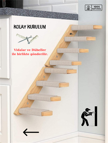 Kedi merdiveni, Kedi tırmanma merdiveni, Doğal Ahşap İkili Merdiven Seti, Sol Model Beyaz