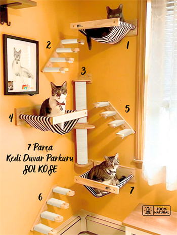 Kedi Parkuru, Kedi Evi, Kedi Yatağı, Kedi Duvar Evi, Kedi Duvar Rafı, Lüks 7 Parça Kedi Parkuru Beyaz Sol