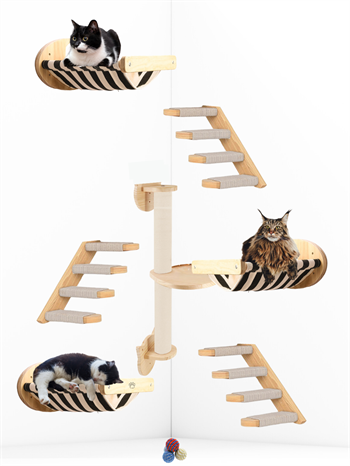 Kedi Parkuru, Kedi Evi, Kedi Yatağı, Kedi Duvar Evi, Kedi Duvar Rafı, Lüks 7 Parça Kedi Parkuru Beyaz Sağ