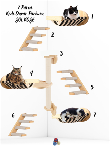 Kedi Parkuru, Kedi Evi, Kedi Yatağı, Kedi Duvar Evi, Kedi Duvar Rafı, Lüks 7 Parça Kedi Parkuru Beyaz Sol