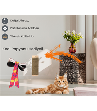 Kedi tırmalama tahtası dikdörtgen eko model + Papyon Hediyeli BuShop Doğal ahşap + Duvar dübeli + vida.