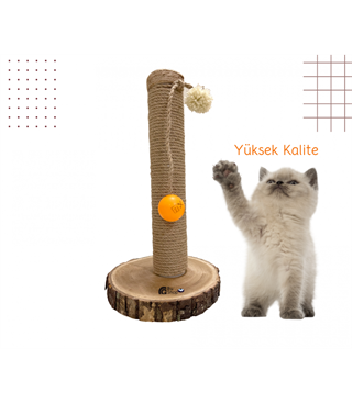 Kedi Tırmalama Tahtası Oyun Topu ve Ponpon Hediyeli BuShop Doğal Ağaç Yükseklik 42 cm  Fangorn