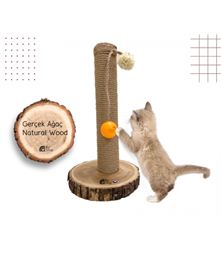 Kedi Tırmalama Tahtası Oyun Topu ve Ponpon Hediyeli BuShop Doğal Ağaç Yükseklik 42 cm  Fangorn