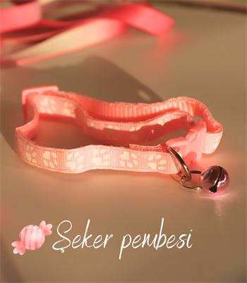 Kedi ve Köpek Boyun Tasması Pati Desenli ve Zilli-Pembe