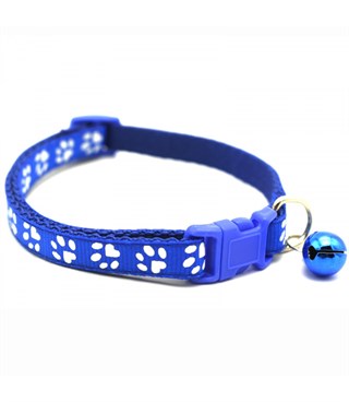 Kedi ve Köpek Boyun Tasması Pati Desenli ve Zilli-Mavi