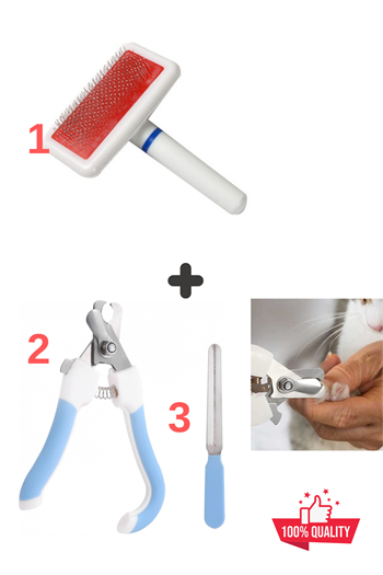 Kedi ve Köpek Tüy Deri Bakım Fırçası, Tırnak makası ve törpüsü, Süper 3 lü İthal Set, 