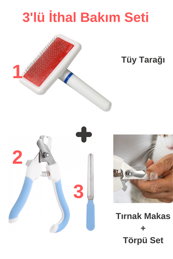Kedi ve Köpek Tüy Deri Bakım Fırçası, Tırnak makası ve törpüsü, Süper 3 lü İthal Set, 
