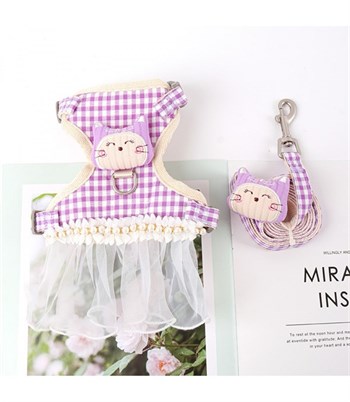 Kedi Giysisi Yürüyüş Tasmalı Kostüm Ekose Deseni BuShop Mavi S