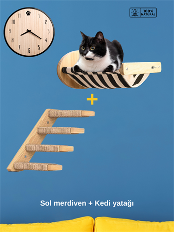 Kedi Yatağı, Kedi Yuvası, ve Kedi duvar yatağı, Kedi hamağı, + Sol Tip Kedi Tırmanma Merdiveni, 2li Ahşap Modern Set, BuShop Black Zebra Serisi 