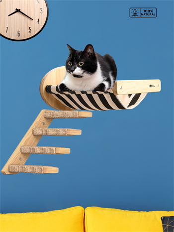 Kedi Yatağı, Kedi Yuvası, ve Kedi duvar yatağı, Kedi hamağı, + Sol Tip Kedi Tırmanma Merdiveni, 2li Ahşap Modern Set, BuShop Black Zebra Serisi 