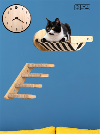 Kedi Yatağı, Kedi Yuvası, ve Kedi duvar yatağı, Kedi hamağı, + Sol Tip Kedi Tırmanma Merdiveni, 2li Ahşap Modern Set, BuShop Black Zebra Serisi 