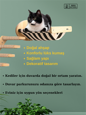 Kedi Yatağı, Kedi Yuvası, ve Kedi duvar yatağı, Kedi hamağı, + Sol Tip Kedi Tırmanma Merdiveni, 2li Ahşap Modern Set, BuShop Black Zebra Serisi 