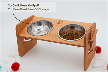Köpek Kedi Mama Ve Su Kabı-Çelik İki Adet Kase Hediyeli-Kontrplak-Yükseklik Ayarlı-Armut Kiraz-BuShop Ela 