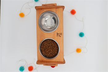 Köpek Kedi Mama Ve Su Kabı-Çelik İki Adet Kase Hediyeli-Kontrplak-Yükseklik Ayarlı-Armut Kiraz-BuShop Ela 