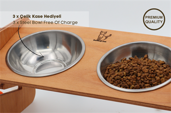 Köpek Kedi Mama Ve Su Kabı-Çelik Üç Adet Kase Hediyeli-Kontrplak-Yükseklik Ayarlı-Armut Kiraz-BuShop Ela 